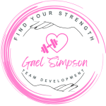 Logo featuring hands supporting a heart with a dumbbell inside, surrounded by the phrase 'FIND YOUR STRENGTH' and the name 'Gael Simpson' with 'TEAM DEVELOPMENT' at the bottom.