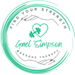 Logo for Gael Simpson Massage Therapy featuring a heart and dumbbell symbol, with hands and the phrase 'Find Your Strength'.