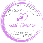 Logo for Gael Simpson Coaching featuring the phrase 'Find Your Strength,' a heart with a dumbbell, and stylized hands.